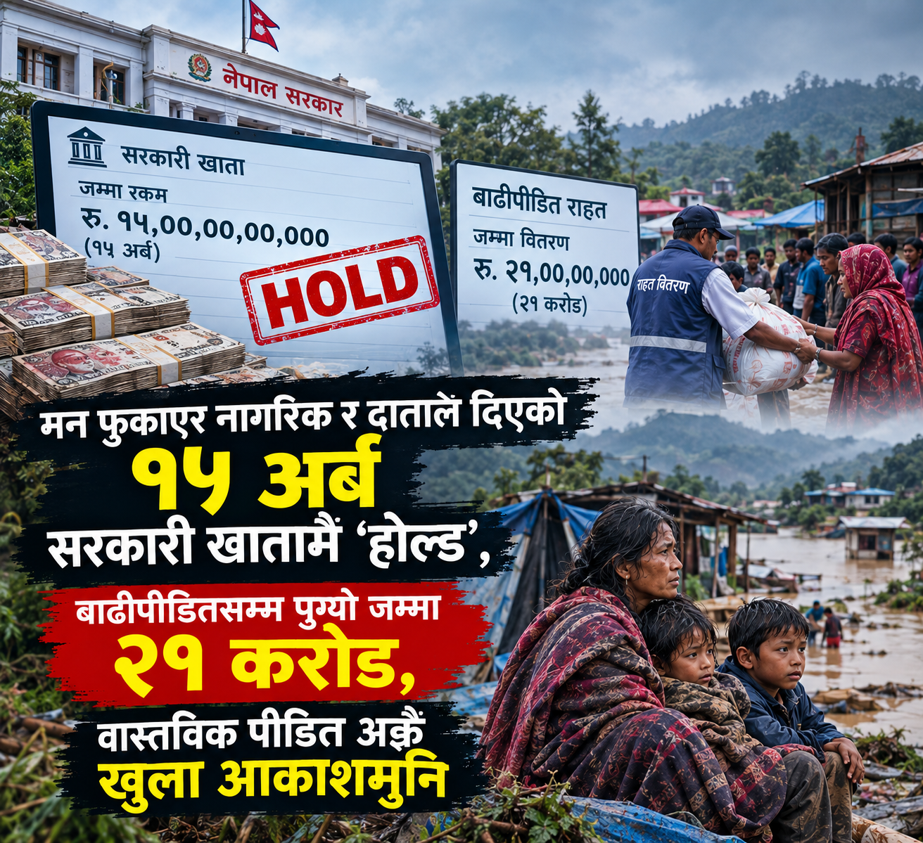 मन फुकाएर नागरिक र दाताले दिएको १५ अर्ब सरकारी खातामै ‘होल्ड’, बाढीपीडितसम्म पुग्यो जम्मा २१ करोड, वास्तविक पीडित अझै खुला आकाशमुनि